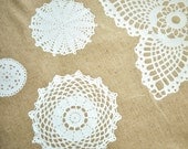 Doily print - screenprinted linen/cotton fabric