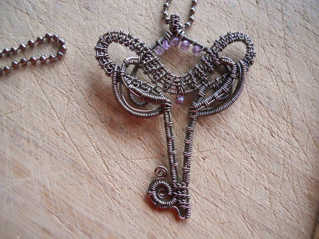 Gunmetal Amethyst Wire Wrapped Pendant Handmade in Parawire Wisdom of the Wolf Key