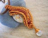 Crazy Lace Agate and Quartz Drop Wire Wrapped in Dark Amber Copper Parawire