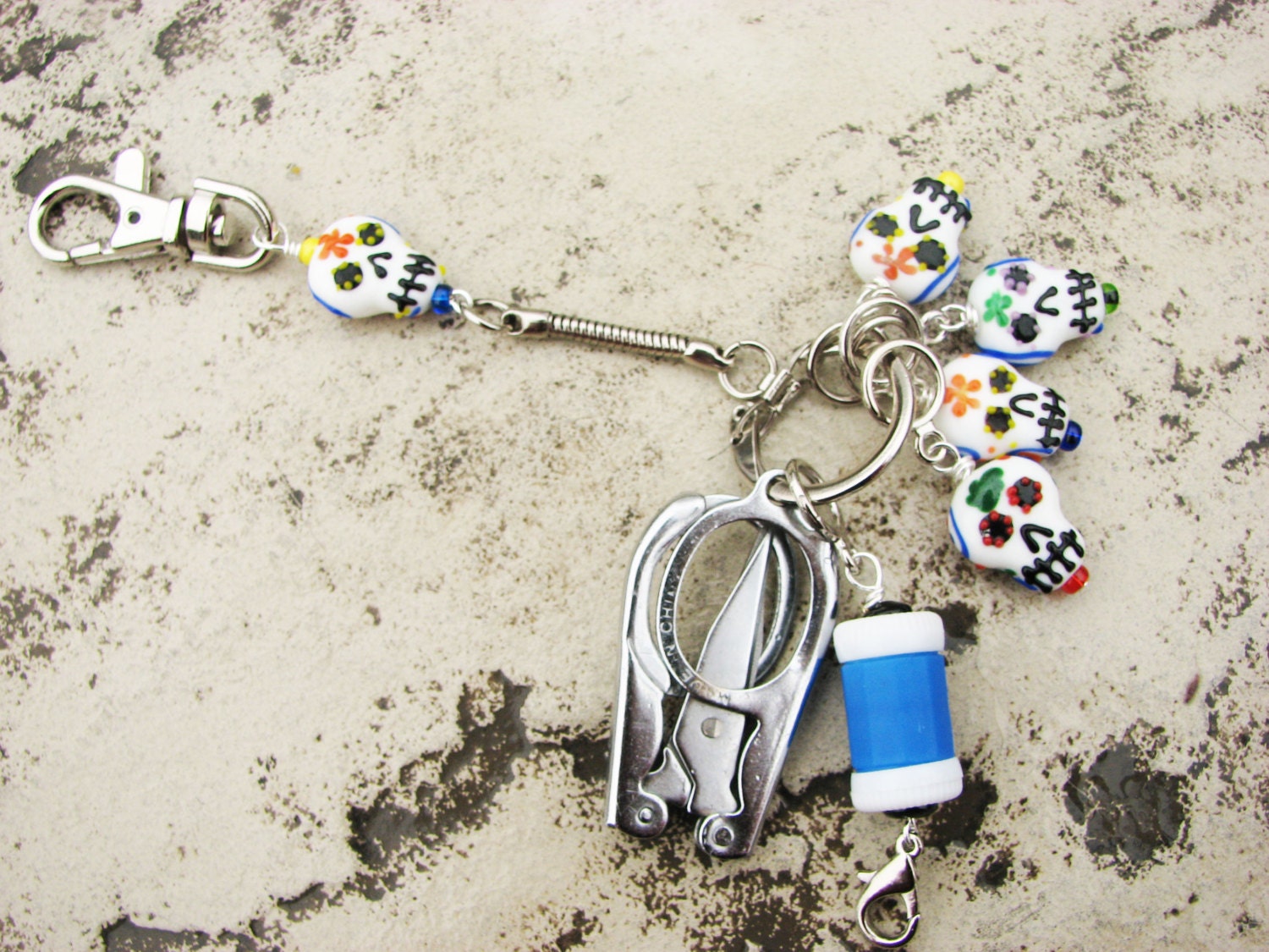 Knitter's Chatelaine: Sugar Skulls - Stitch Markers, Row Counter & Folding Scissors on a Decorative Clasp
