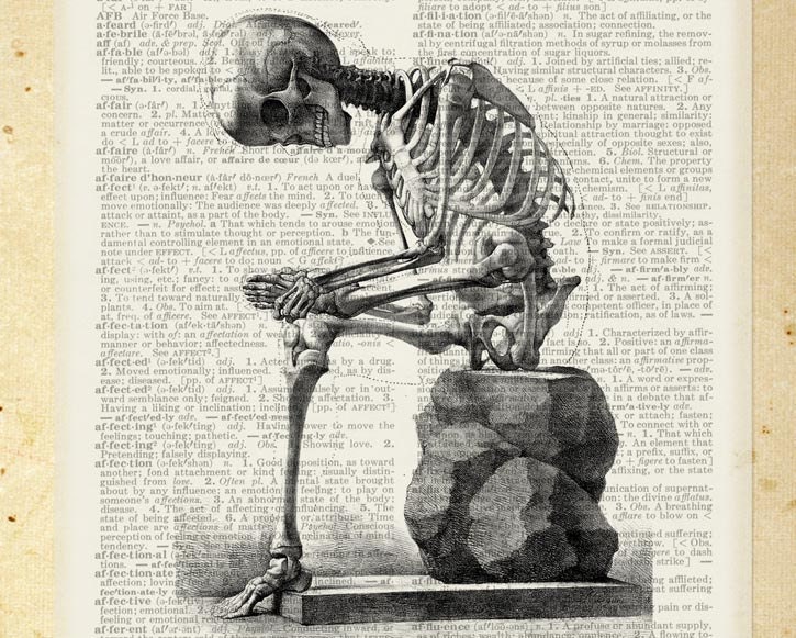 Skeleton - vintage human skeleton artwork - printed on vintage dictionary page