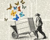 butterfly cart - printed on old page from vintage dictionary