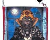 Printed shoulder bag purse with 'The Black Cat Fortune Teller' Bohemian Cats print on silk mix.