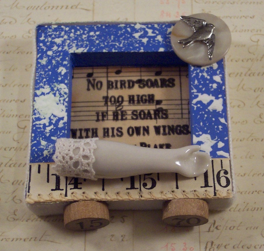Vintage Mixed Media Collage Art 3D Assemblage William Blake Quote with Bird and Doll Arm