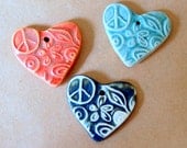 3 Sweet Ceramic Peace Heart Pendant Beads in 3 unique glazes