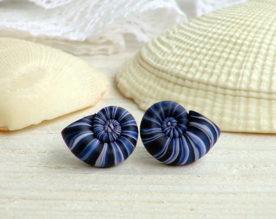 Post earrings - blue shells - everyday women jewerly - gift idea - beach jewelry