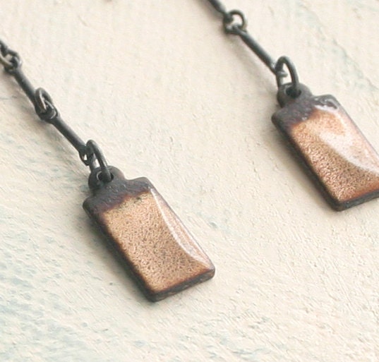 Long Organic Champagne Earrings - Buff and Black Enamel Rectangle Earrings