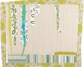 4.26.2013, quilted drawing, small art quilt, abstract, haiku, cream, citron, aqua, black, white, green, willows