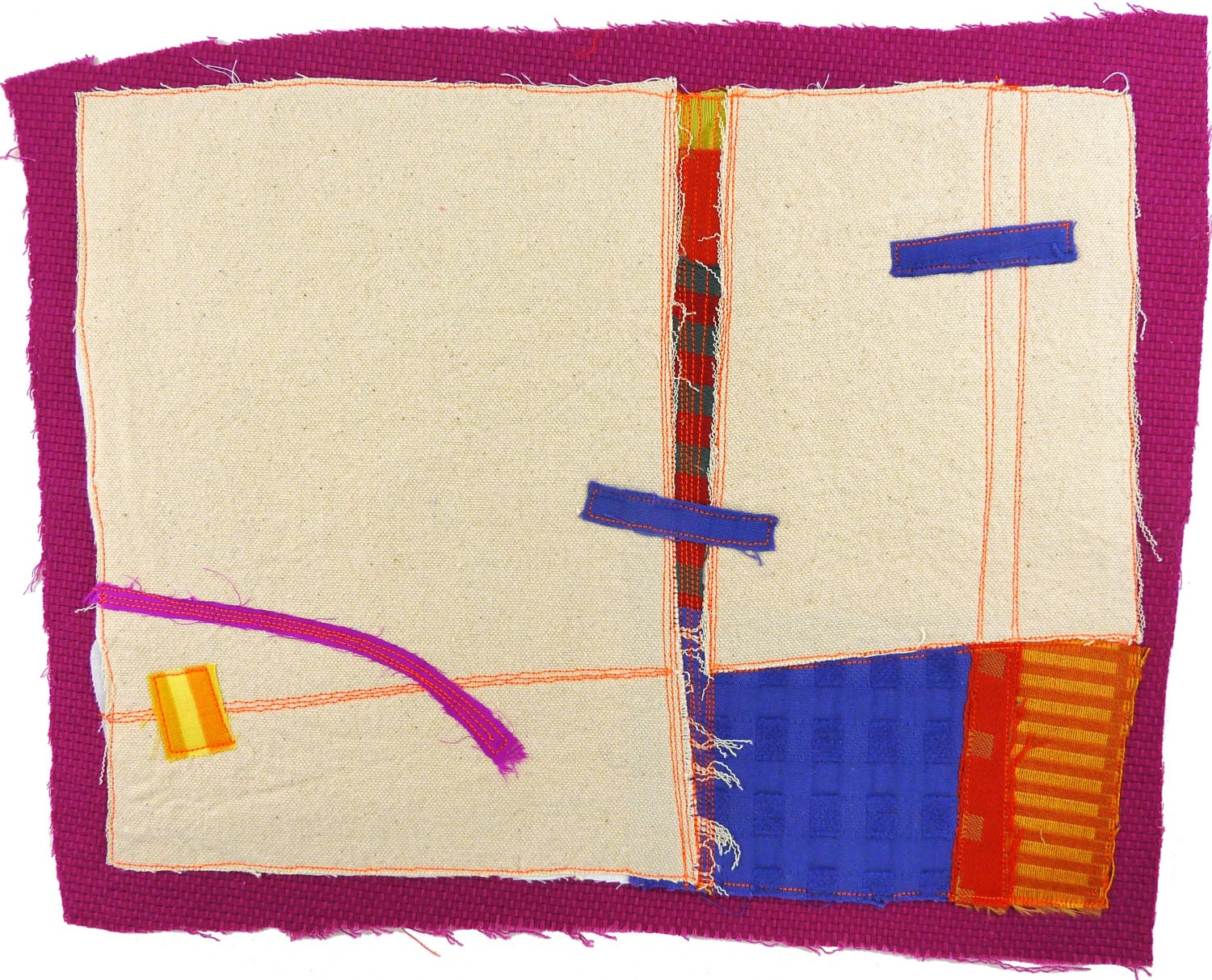 5.23.2013, quilted drawing, small art quilt, abstract, space between series, cream, fuchsia, neon orange, citron, yellow, periwinkle