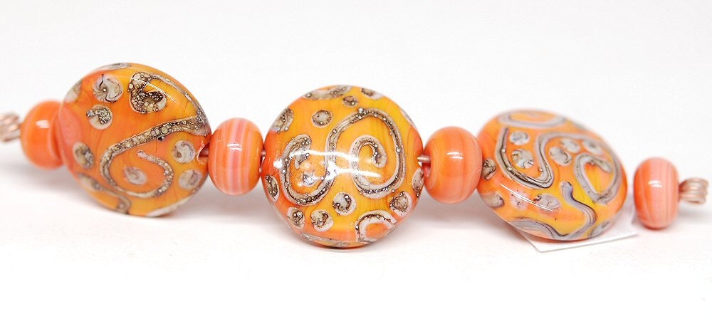 Handmade Lampwork Glass Bead Set - Coral Sprees with Scrolls