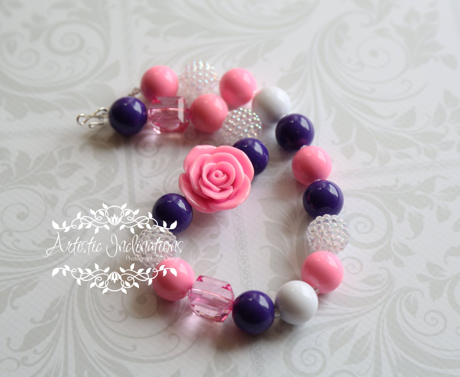 Sleek Chic - Pink Purple and White Chunky Necklace with Pink Rose - Couture Photo Prop
