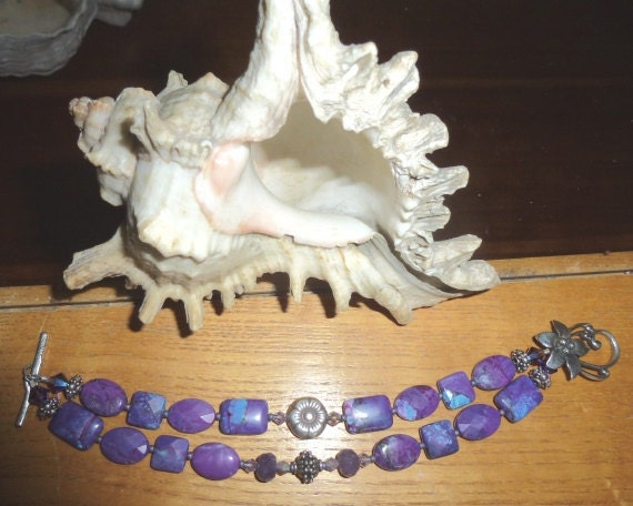 Attn Purple Lovers, Red Hat Ladies-Purple Turquoise Gemstone Bracelet Silver Crystals Layered Look