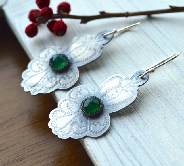 Dainty Ornate Earrings Textured Metalwork Emerald Green Chalcedony Oxidized Silver Modern Contemporary Metal