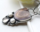 One of a Kind Necklace, Agua Nueva Agate, Bezel Work, Statement, Pearl, Recycled Silver, Unique,Pendant, Handmade, Oxidized, Metalwork