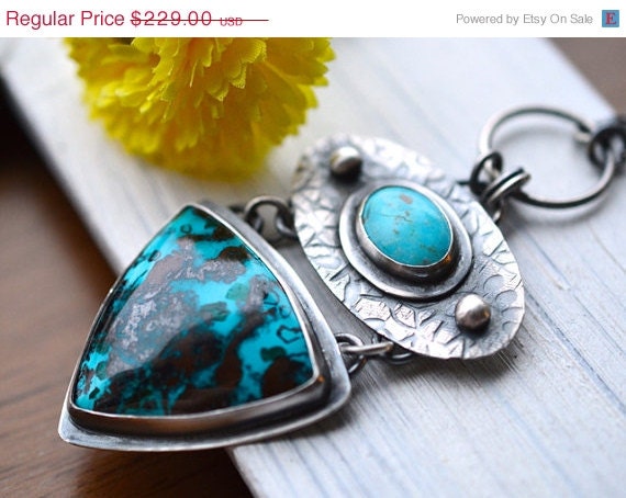 ON SALE Sterling Silver Necklace in Malachite in Chrysocolla Gemstone Turquoise Textured Stylish Metal