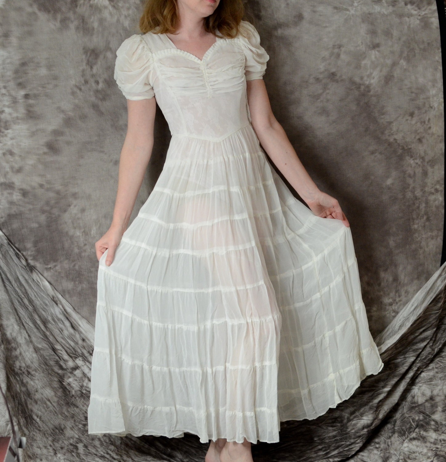 1940s Dress Sheer Nylon Ivory White Wedding 40s Long Dress