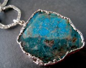 Turquoise Blue Druzy Fossil Slice and 925 thick sterling silver Chain Necklace - Long 22" silver  Turquoise stone necklace