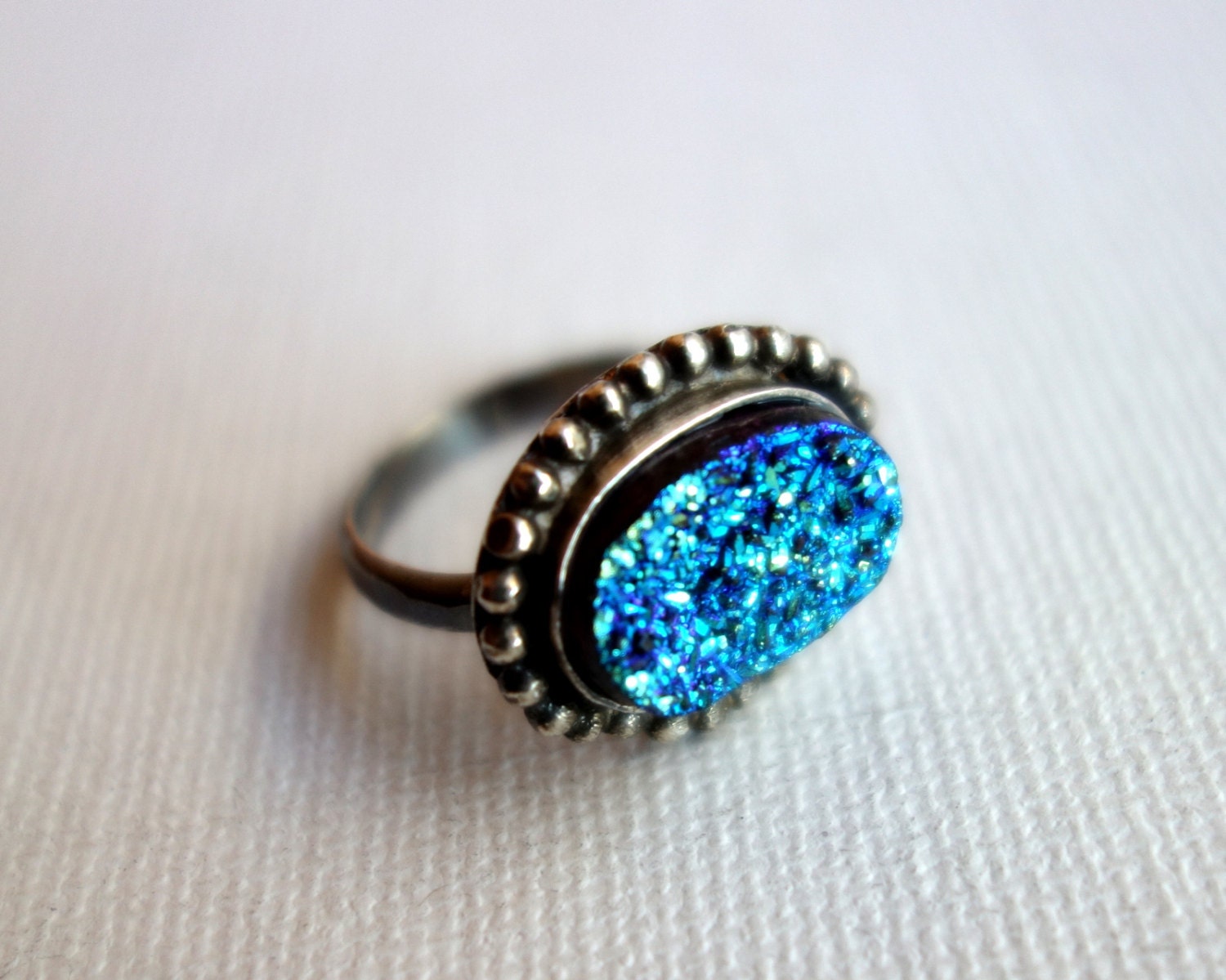Aqua Blue Drusy in Handmade Beaded Sterling Silver Setting