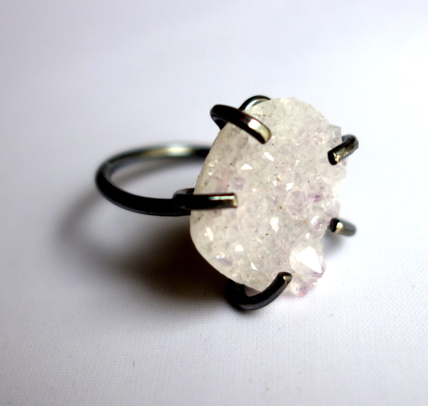 White Drusy and Black Prong Ring