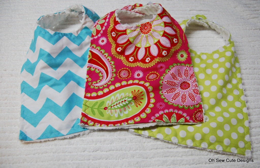 Cute Boutique Chenille Snap Baby and Toddler Bib Set of Three---Your Choice of Fabric