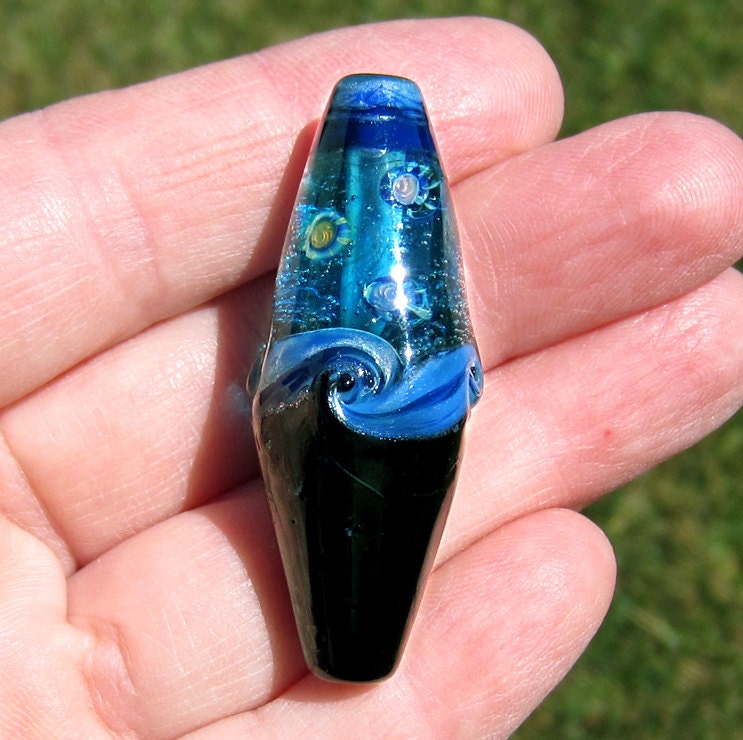 Handmade Lampwork Glass Focal Bead Bicone Black Aqua Murrini sra