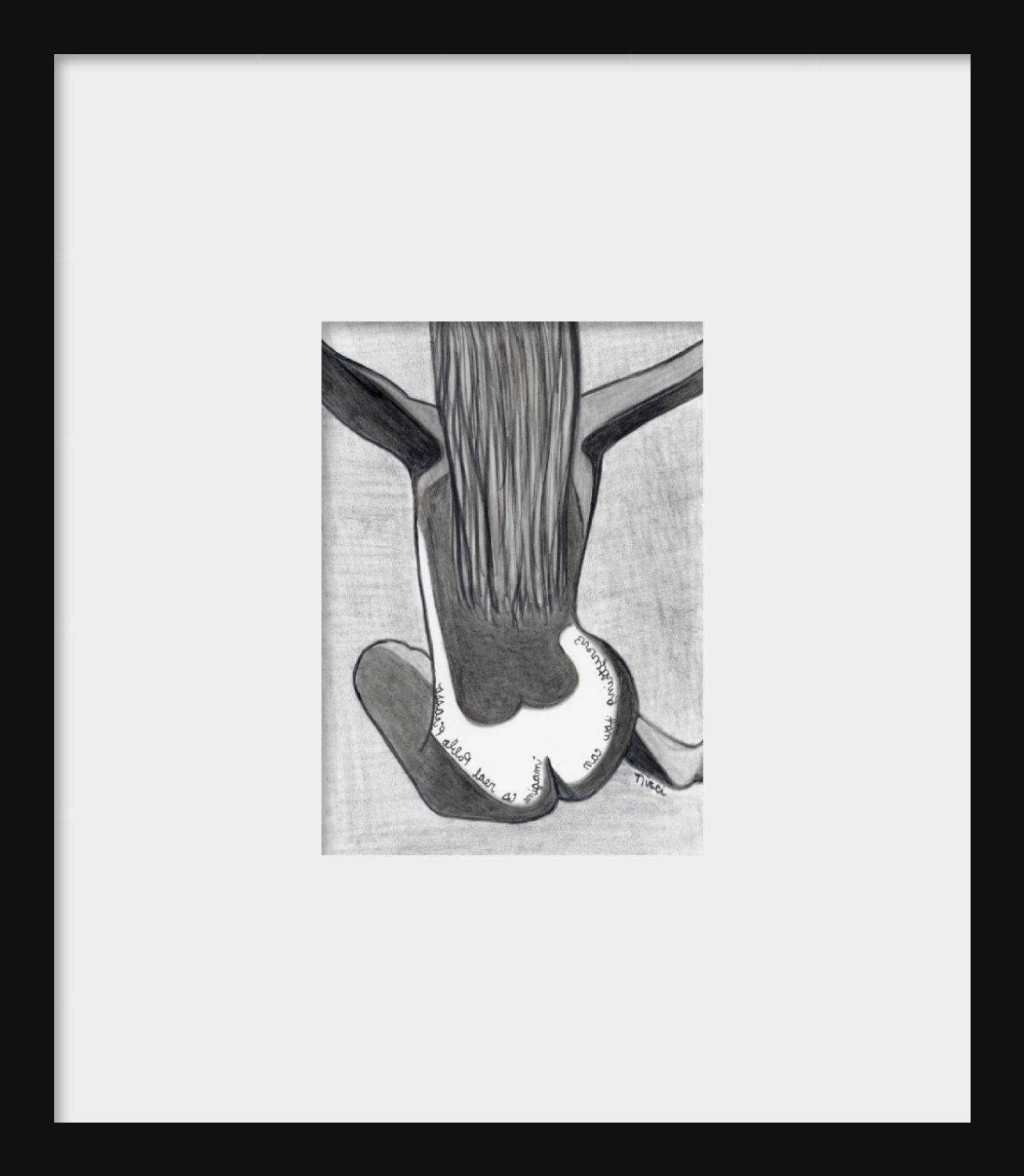 Aceo female nude pencil drawing art print with Pablo Picasso quote in mirror writing Imagine