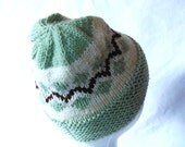 Hand knit hat Fair Isle sage green cranberry red skullcap beanie watch cap womens mens teens toque ski cap