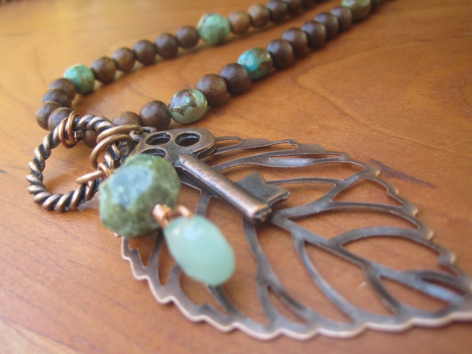 Long Stone Necklace - Turquoise - Brown - Charm - Leaf - Key - Gemstone - Funky Jewelry -Summer Finds - Bohemian - Bohochic  - Wood - Wooden