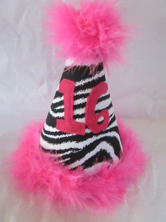 Sweet 16 Zebra Party hat - Hot Pink boa - Sweet 16 Birthday Party hat - Sweet 16 Party Il_570xn