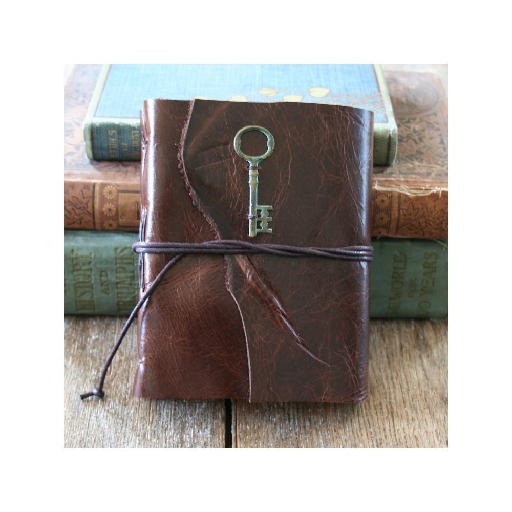 Leather Journal . antiqued / stained paper . handmade handbound . green patina key, dark brown leather (280p)