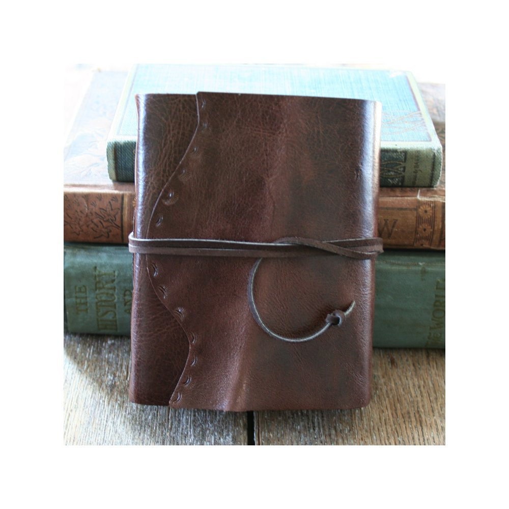 Leather Journal . antiqued / stained paper . handmade handbound . hand embossed dark brown leather (280p)