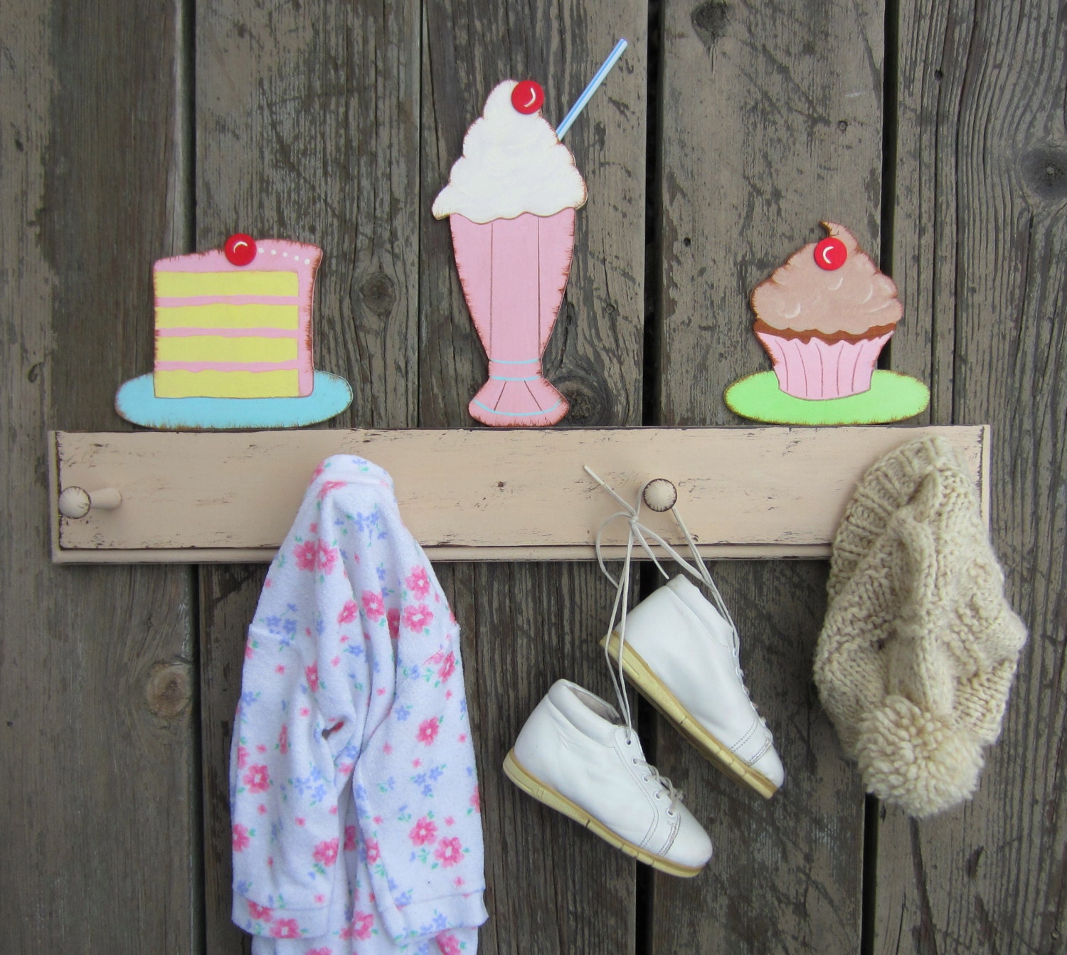 Cupcake Milkshake & Cake Peg Rack - Hand Painted Wood - Nursery Wall Hanging