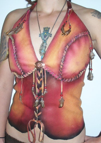Artisan Made Leather Bustier Western Style Halter Top Hippie Fringe Feathers Beads Corset SUNBURST colorationHandmade by Debbie Leather
