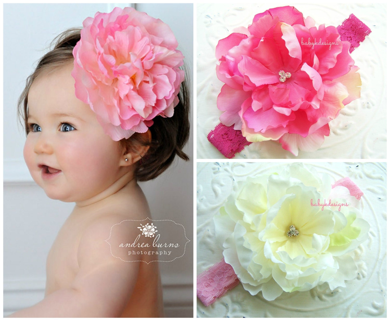 Newborn Headband / Baby Headband / Girls Headband PENELOPE Headband Hot Pink or Ivory w.lace headband