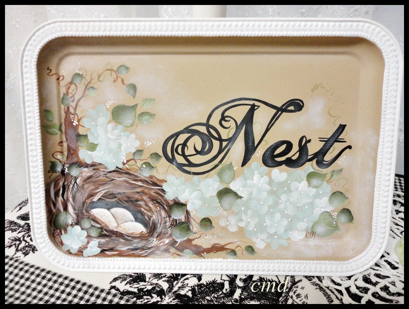 Nest in the Hydrangeas, Hand Painted Decorative Tray, Ecs, CSSTeam