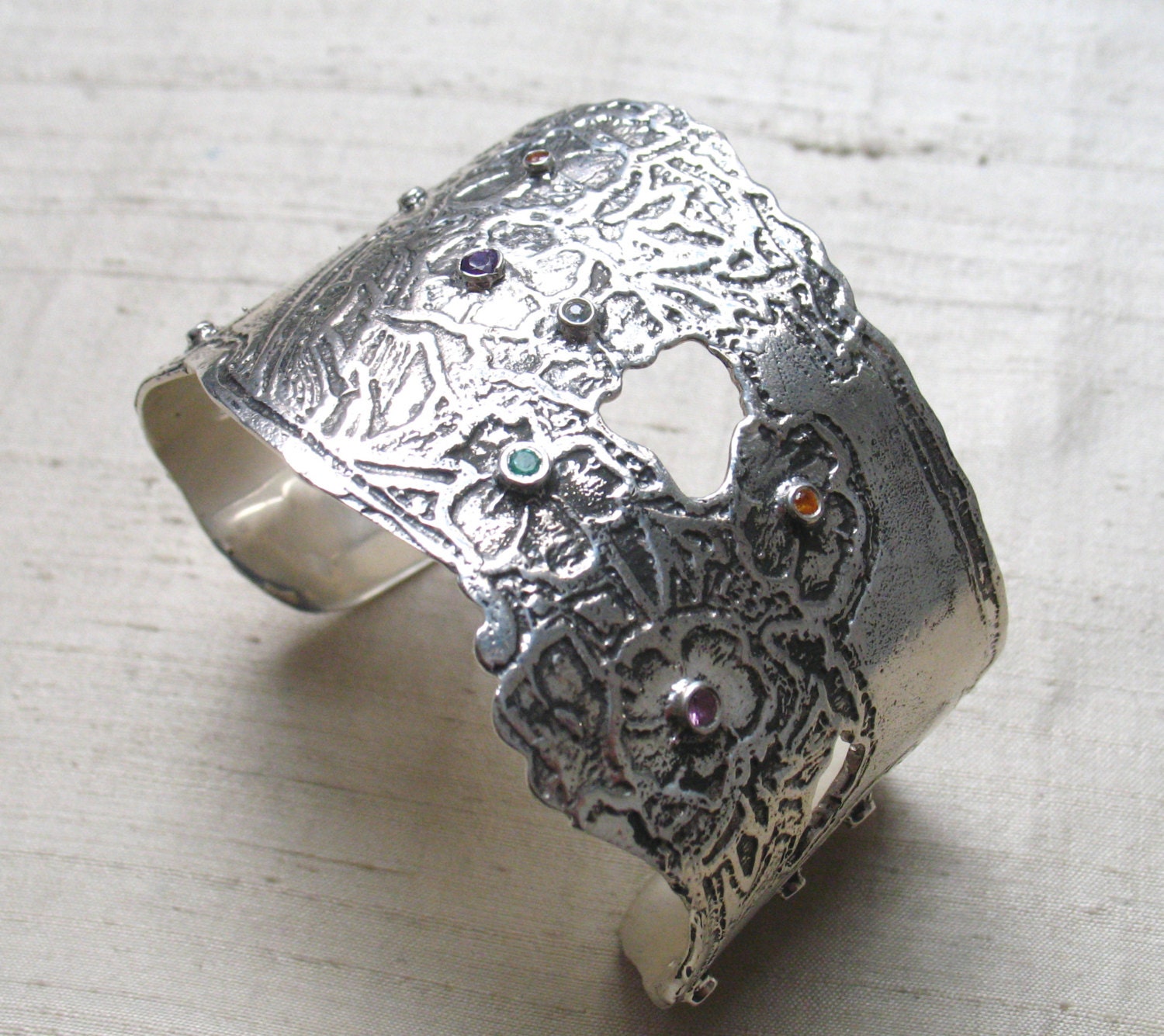 Flora Cuff- Sapphires, Emeralds and Amethyst in Sterling Silver