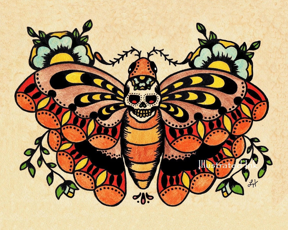 Old School Tattoo Art Death MOTH Skull Print 8 x 10