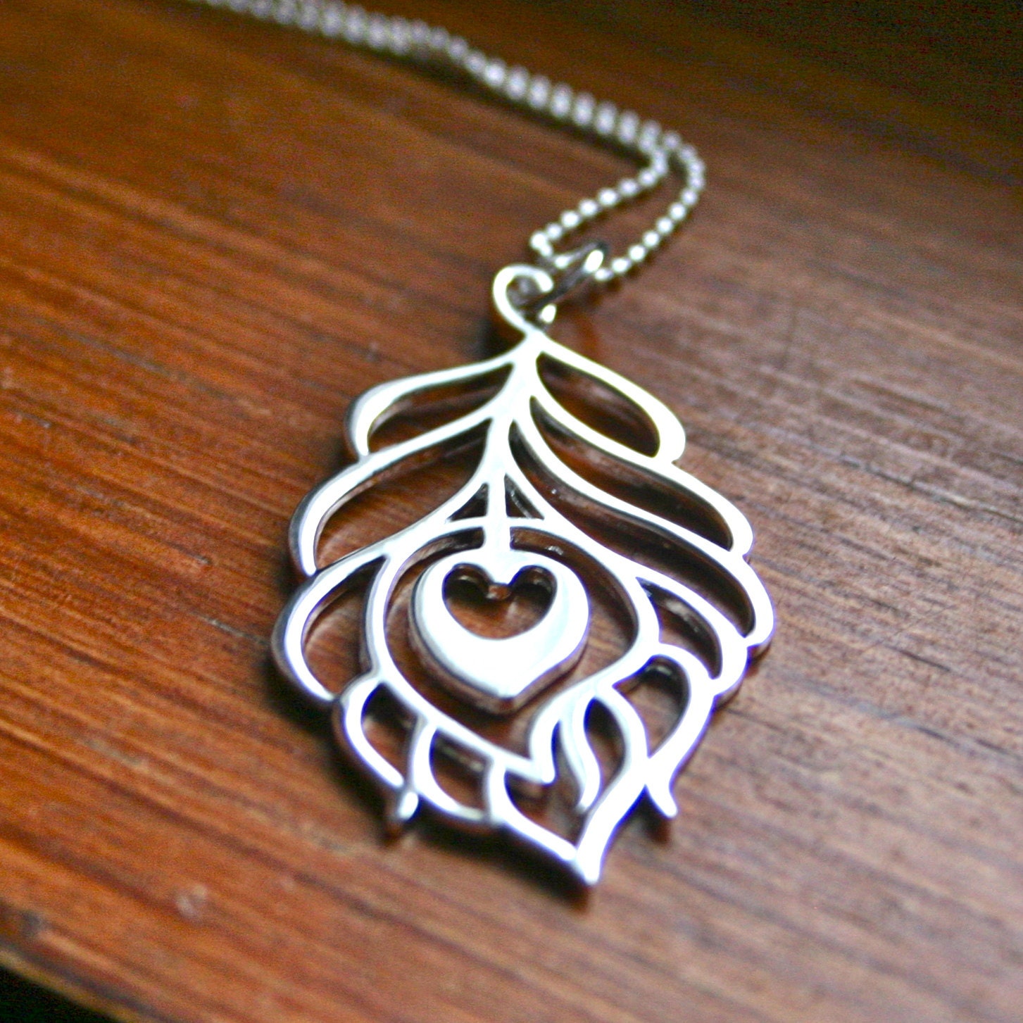Large silver peacock feather necklace