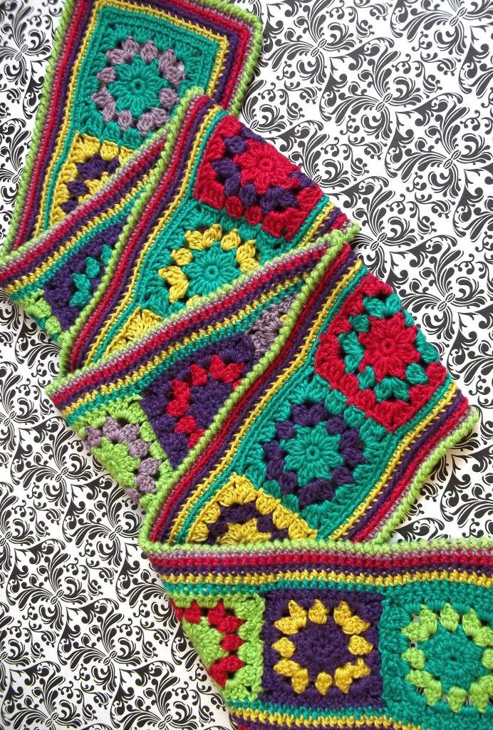Bright Jewel Granny Square Scarf Crocheted in Silk Cotton Blend
