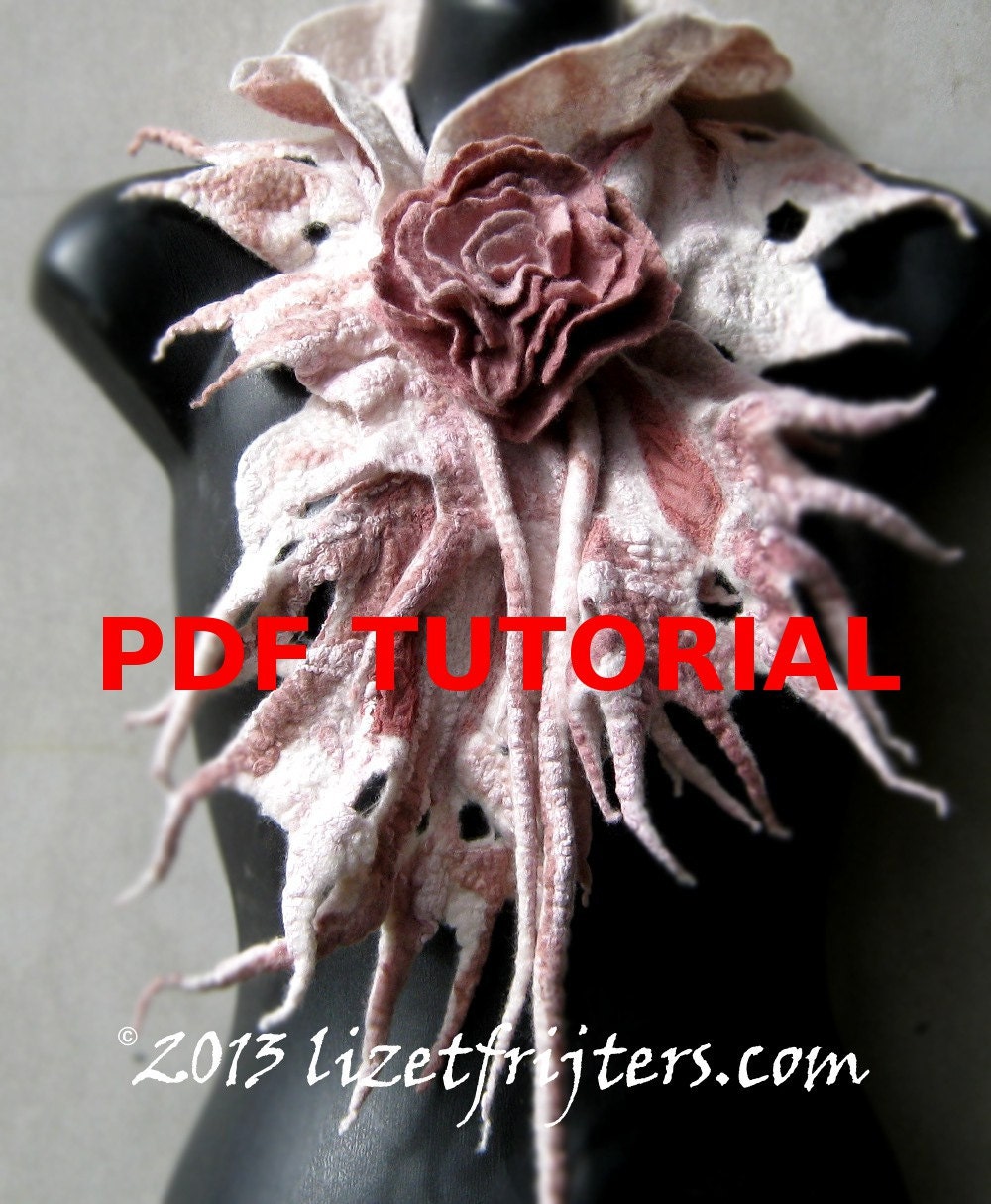 Nuno Felt PDF Tutorial Pattern Wet Felted Scarflette with Felt Flower Rose of Love Instant Download