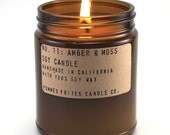 no 11: amber & moss - 8 oz soy candle by pommes frites candle co - manly musky scent -hand poured in california apothecary jar