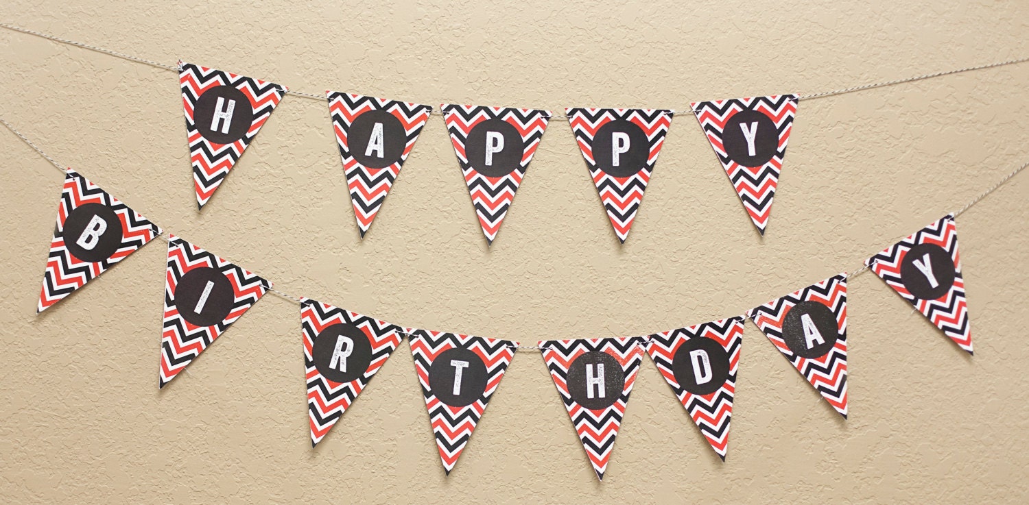 Printable Happy Birthday banner, firefighter birthday, instant download, red and black chevron