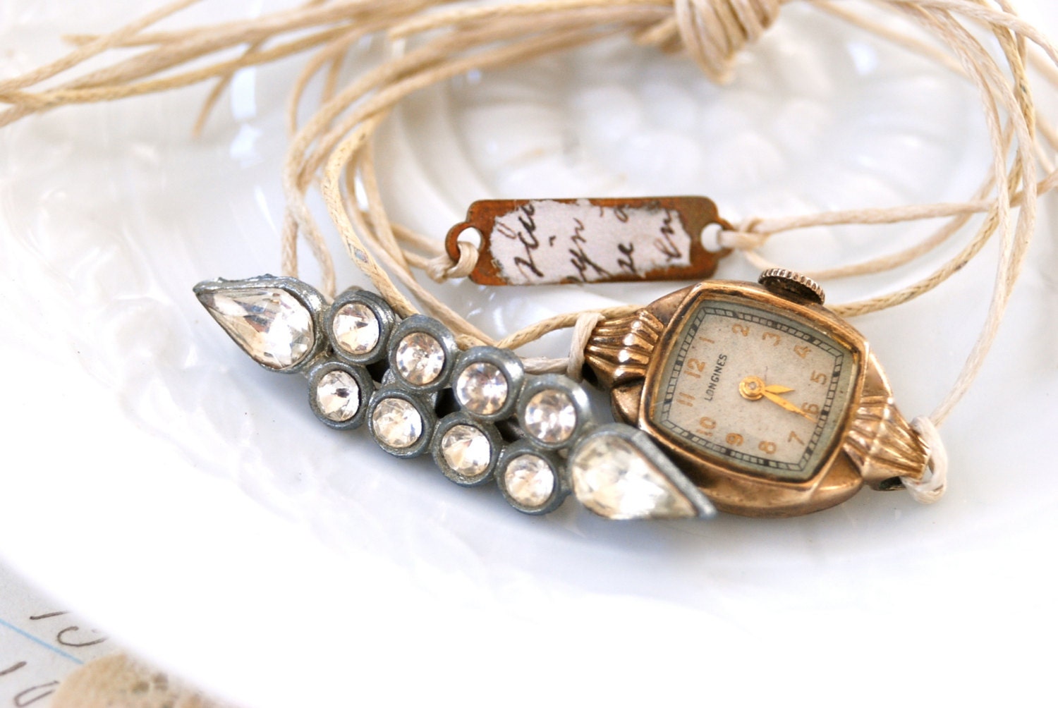 Longines. antique watch,vintage rhinestone,charm string bracelet set. Tiedupmemories