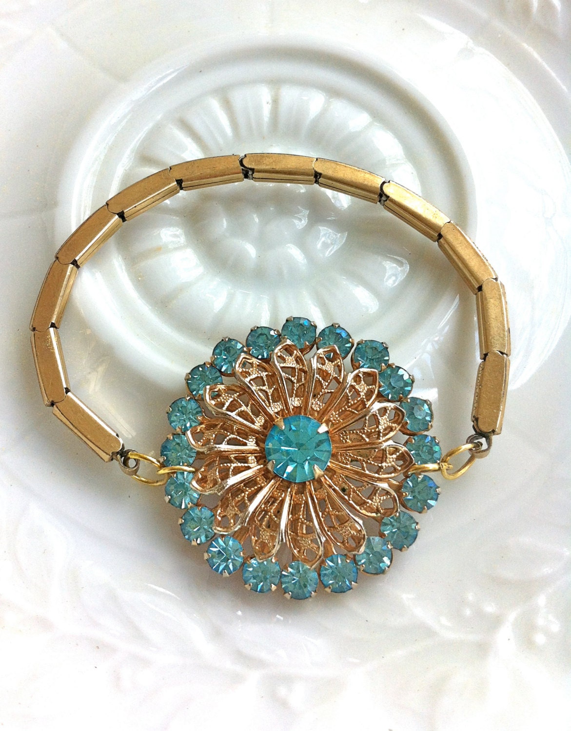Lady Ann. vintage assemblage,aqua blue rhinestone stretch bracelet. Tiedupmemories