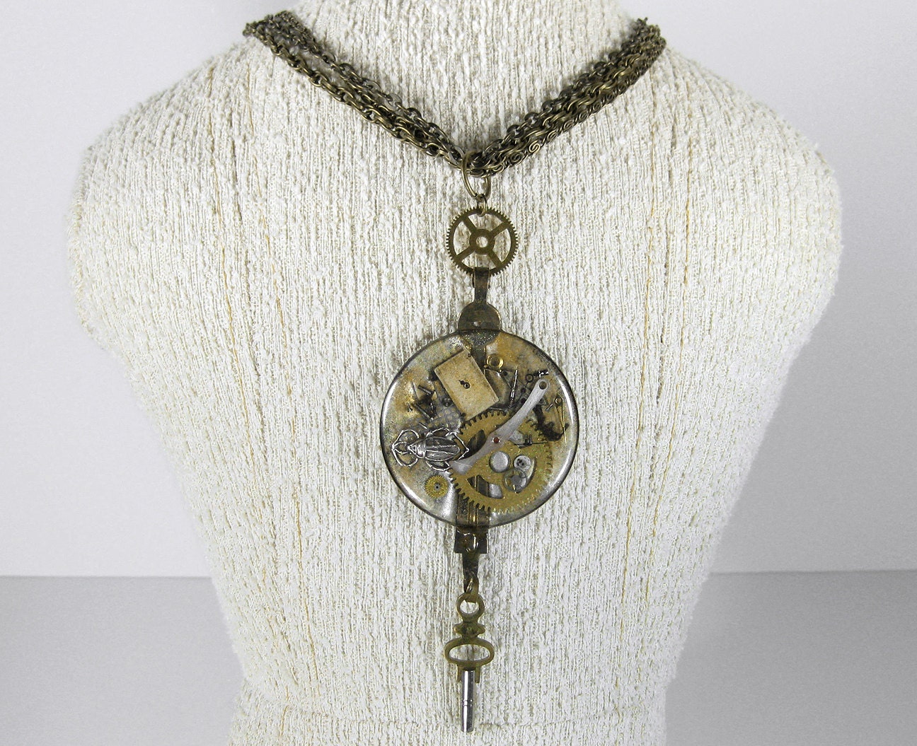 Steampunk Jewelry Necklace Vintage Watch Case Lens SCARAB Brass Gears Key Mens Womens Multi Cool Chains - Steampunk Jewelry by edmdesigns