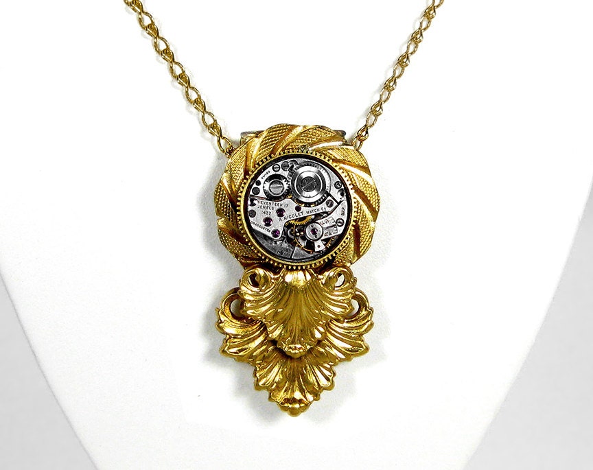 Steampunk Jewelry Necklace Art Deco Gold ORNATE ETCHiNGS Dress Clip Watch DETACHABLE Wedding Anniversary EXQUISITE - Steampunk by edmdesigns