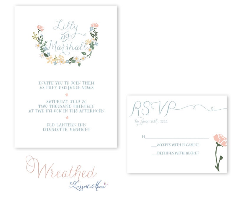 Wreath Floral Wedding Invitation with Postcard RSVP