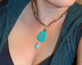 Turquoise Peace Sign Hippie Necklace on recycled leather cord, Wire Wrap Dangle, Summer Fashion
