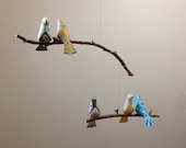 Charming 5 Bird Mobile in Yellows, Blues and Grays on Sycamore branches