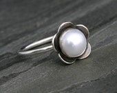 Pearl Flower Ring, Solid Sterling Silver, White Pearl, Handmade Ring, Metalsmith, Bloom Ring
